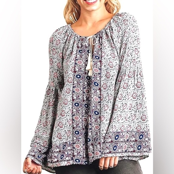 Umgee Boho Peasant Floral Tassel Tie Floral Allover Wide Sleeve Flowy Blouse Top - Picture 1 of 7